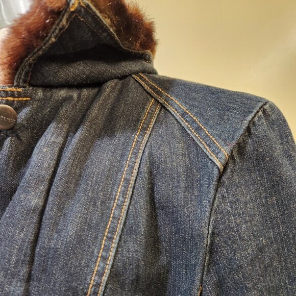 💋🦋UBER GORGE🦋 💋Maxi Sanded Dark Wash DenimTrench with Vegan Mink Fur Collar - Picture 6 of 10